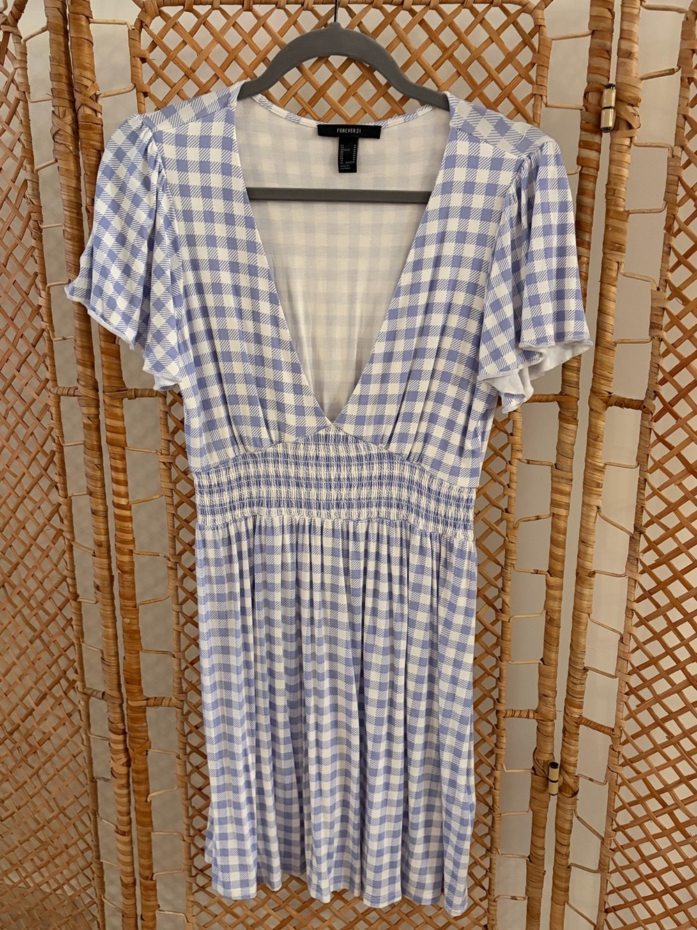 Forever 21 Light Blue Gingham V-Neck Mini Dress